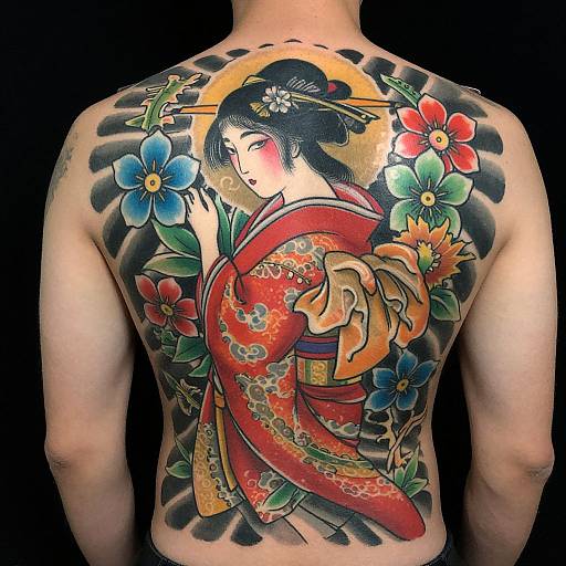 Tattooed Asian woman in traditional red kimono with floral and sun motifs on back, colorful flowers, and black sunburst background.
