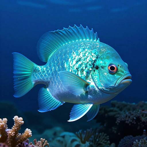 Photograph of a bioluminescent blue fish with glowing scales and red eyes, swimming in a dark blue underwater coral reef.