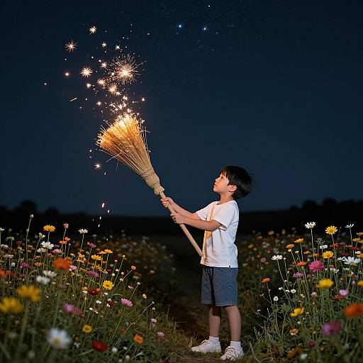 Photograph of a young Asian boy in a white shirt and blue shorts, holding a sparkler, illuminating a field of colorful wildflowers under a