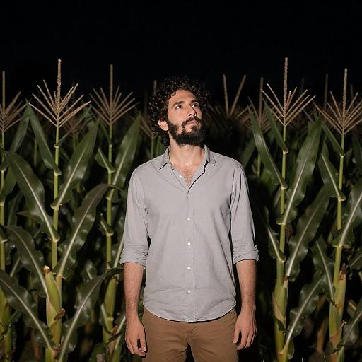 Bearded Man in Cornfield at Night