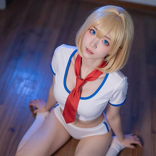 Blonde Woman Kneeling with Blue Lighting