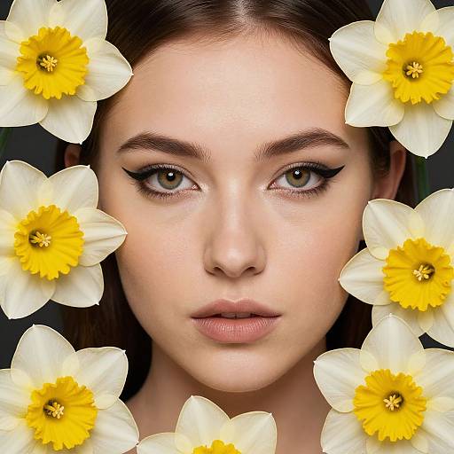 Photograph of a fair-skinned woman with green eyes, dark brown hair, and black winged eyeliner, surrounded by white daffodils