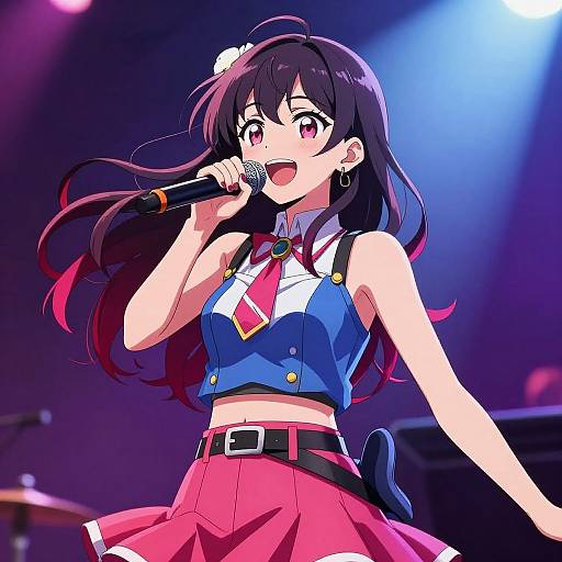 Anime-style digital drawing of a female singer with long black hair, pink eyes, blue crop top, red skirt, and microphone, performing on stage under