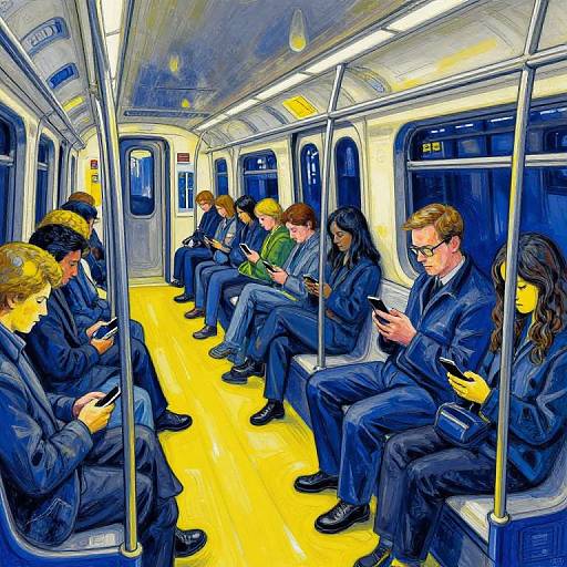 Vividly colored photograph of a subway car with ten passengers, mostly in dark blue uniforms, seated and focused on their smartphones. Bright yellow floor contrasts