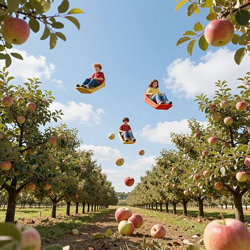 Photograph: Three children in red and blue shirts joyfully jump, catching apples mid-air in a sunlit apple orchard with clear blue sky.