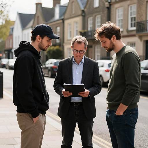 Three Men Interacting on a Bustling Street