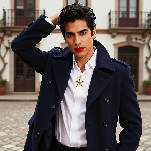 Photorealistic digital portrait of a handsome man with dark hair, red lipstick, black coat, white shirt, star necklace, posing confidently in a cob