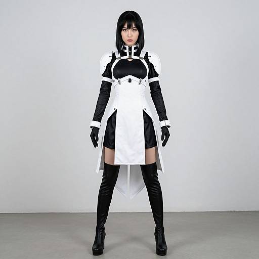 Photograph of a woman in a black and white maid costume with black gloves, thigh-high boots, and black bob haircut, standing against a plain white