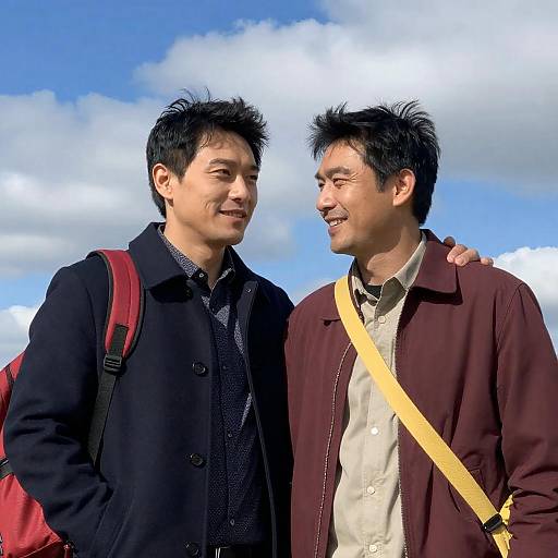 Two Friends Smiling Under Blue Sky