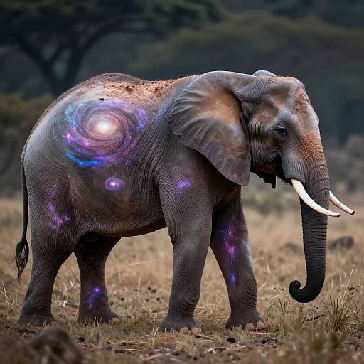 Photograph of a realistic African elephant with glowing, purple and blue cosmic patterns on its gray, textured skin, standing in a grassy savanna with