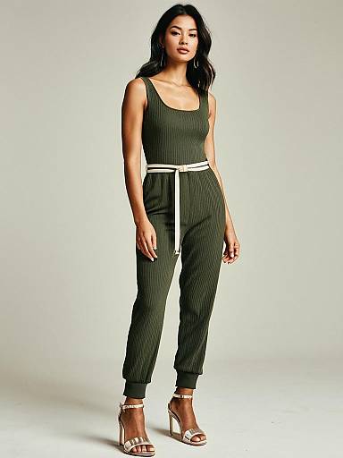 Woman in Olive Green Ribbed Jumpsuit