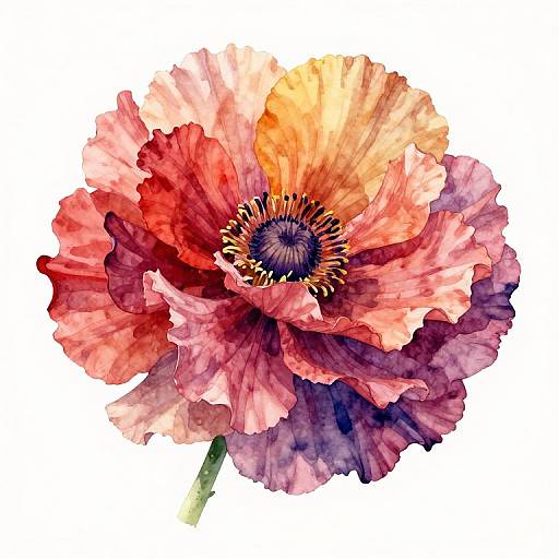 Watercolor painting of a vibrant, multicolored poppy flower with red, orange, pink, and purple petals, and a dark blue and yellow
