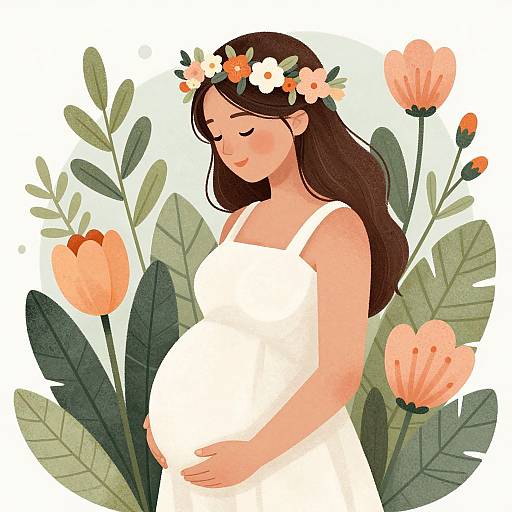 Digital illustration of a pregnant woman with long brown hair, a floral crown, and a white dress, standing among large green leaves and orange flowers, smiling