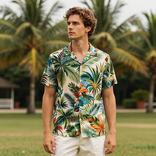 Confident Man in Vibrant Tropical Shirt