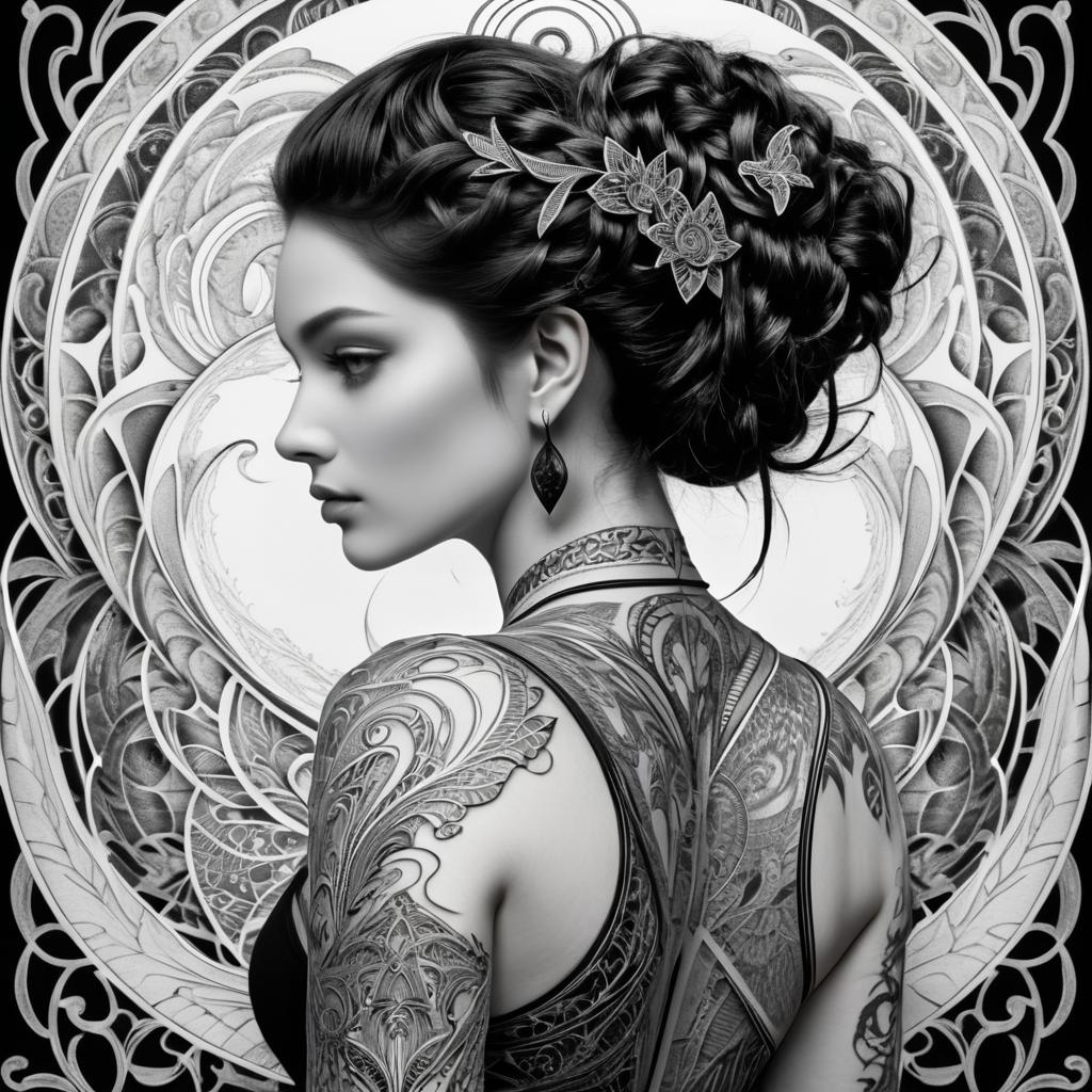 Intricate Black and White Back Tattoo