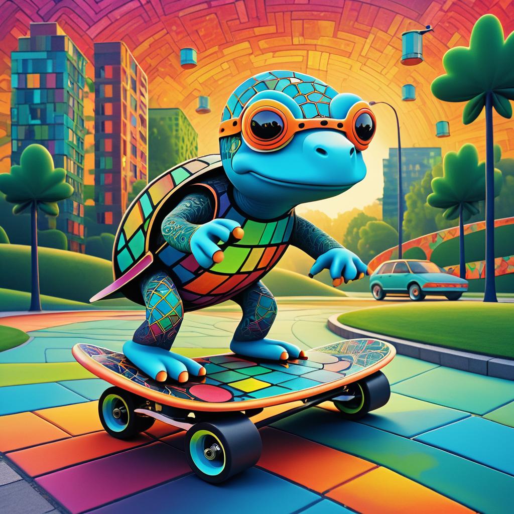 Turtle Skateboarding in Vibrant Urban Art