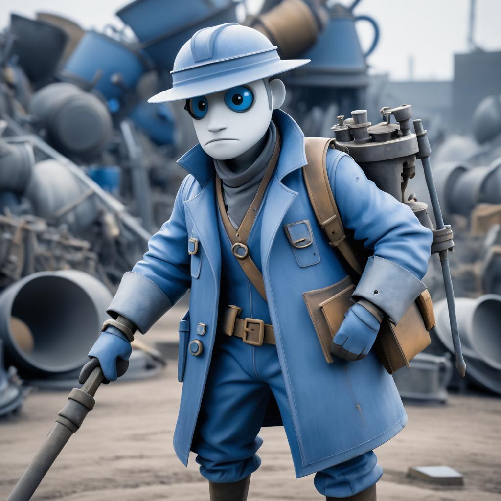 Curious Anthropomorphic Trench Digger in Scrapyard