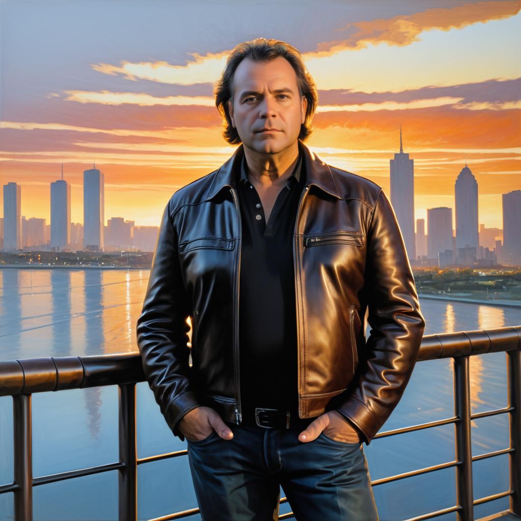 Sunset Cityscape with Leather-Jacketed Man