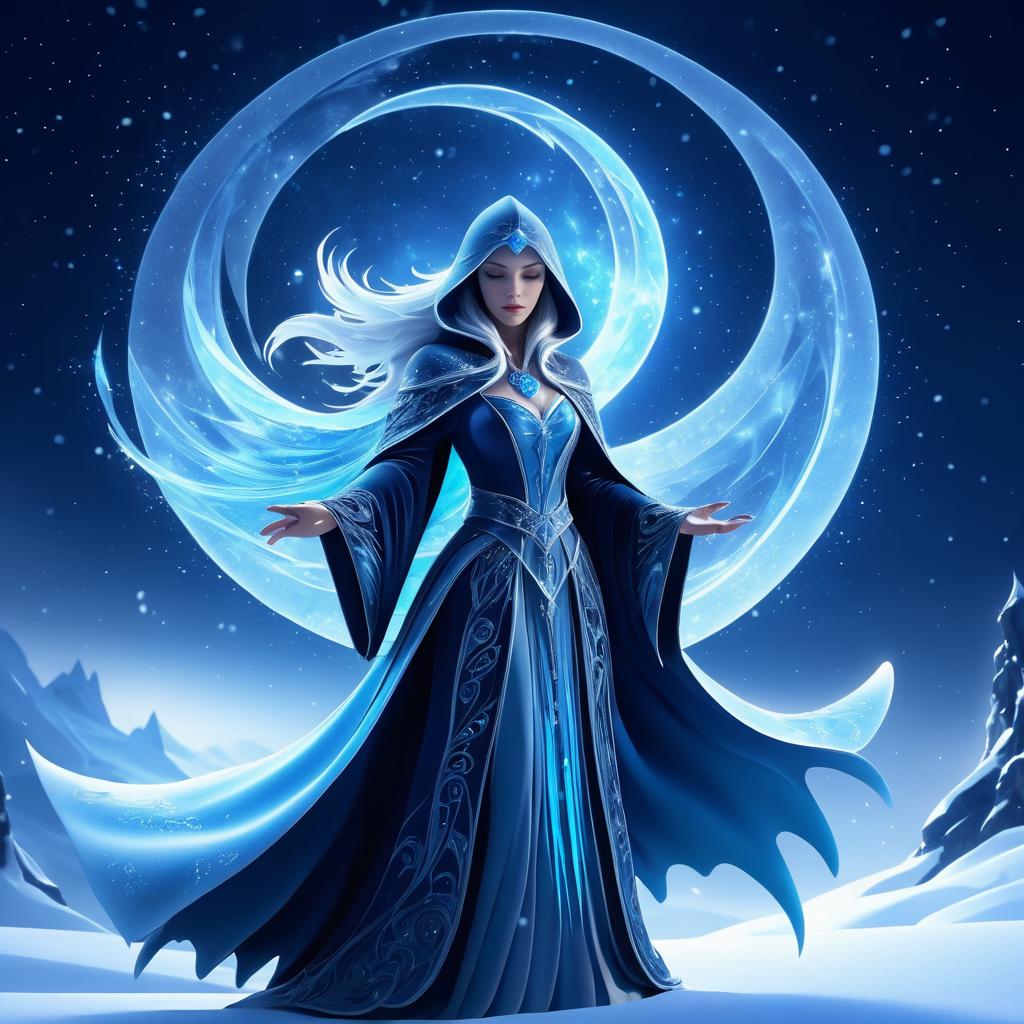 Dynamic Glacial Sorceress in Moonlit Scene