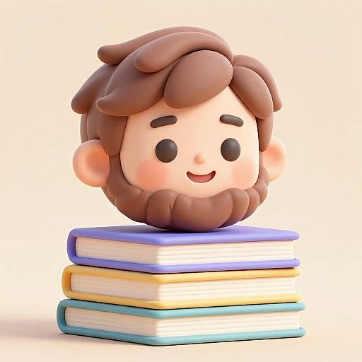 3D cartoon bearded man's head with brown hair, smiling, atop stacked colorful books; white background, playful and whimsical style.