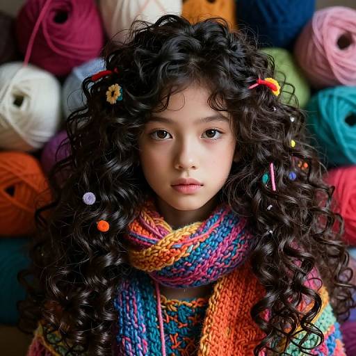 Photograph of a young Asian girl with curly black hair, colorful yarn hairpins, and a vibrant, multi-colored knitted scarf, surrounded by piled