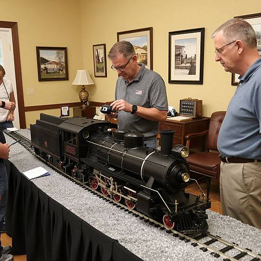 Photograph of two middle-aged men examining a detailed black model steam locomotive on a table in a warmly lit room with framed pictures on beige walls.