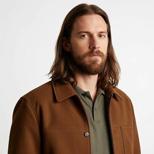 Photograph of a white man with long brown hair, beard, green shirt, and brown jacket, looking slightly to the right against a white background.