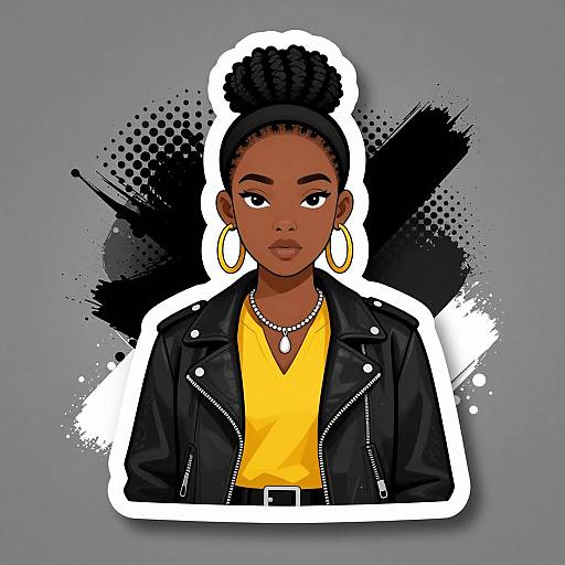 Digital drawing of a confident Black woman with dark skin, styled high bun, wearing a yellow shirt, black leather jacket, gold hoop earrings, and necklace