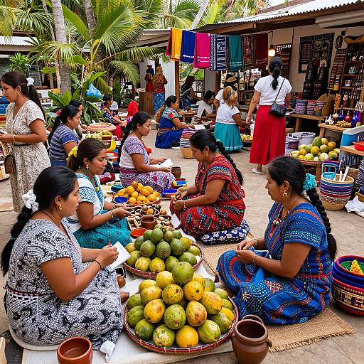 Vibrant photograph of Indian women in colorful traditional dresses, sitting on the ground at a bustling outdoor market, selling and buying fruits like coconuts