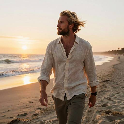 Blonde Bearded Man on Windswept Beach