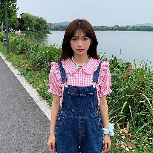 Photograph of an Asian woman with long brown hair, wearing a pink checkered blouse and blue denim overalls, standing by a lakeside path with