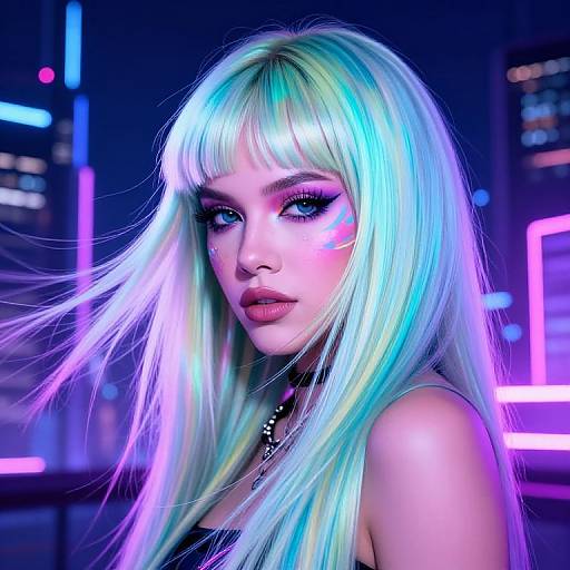 Digital portrait of a neon-lit, cyberpunk-style woman with glowing white-blue hair, pink and purple face paint, and intense blue eyes, set