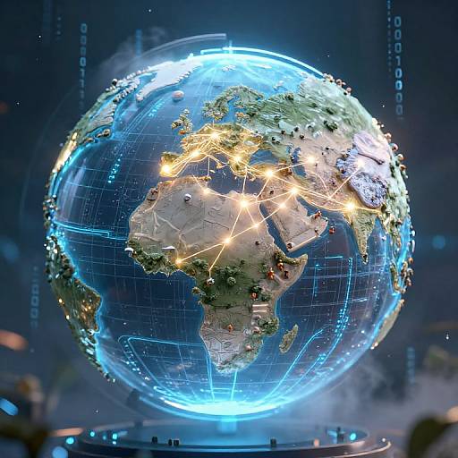 Digital illustration of a glowing, illuminated globe highlighting Africa and Europe, with glowing city lights and blue grid lines against a dark, futuristic background.