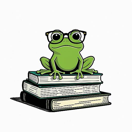 Cartoon Frog with Glasses on Books