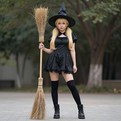 Photograph of a blonde girl in a black witch costume with hat, holding a broom, standing outdoors on a paved path.