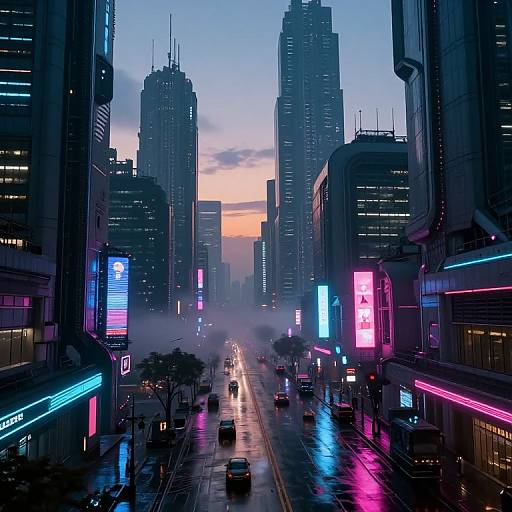 Neon-lit, futuristic cityscape at dusk; tall skyscrapers with illuminated signs, misty streets, colorful lights reflecting on wet pavement,