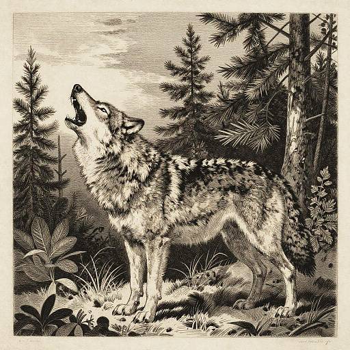 Monochrome Etching of Howling Grey Wolf in Pine Forest