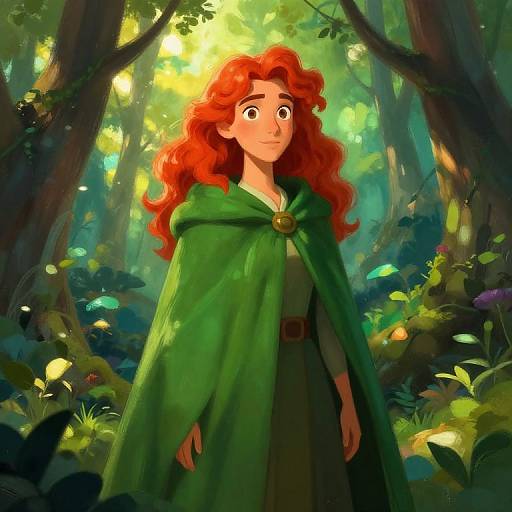 Digital illustration of a red-haired girl with curly hair, wearing a green cloak, standing in a sunlit, enchanted forest.