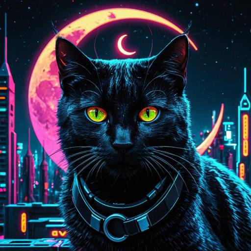Cyberpunk Black Cat with Neon Crescent Moon