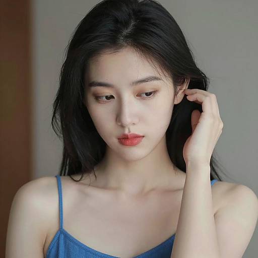 East Asian Woman in Blue Spaghetti-Strap Top