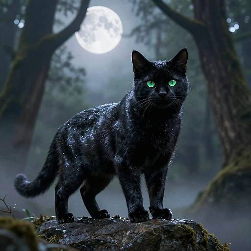 Photograph of a sleek, wet black cat with glowing green eyes standing on a mossy rock in a misty, moonlit forest.