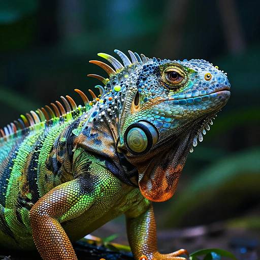 Neon Iguana Portrait in Abstract Jungle