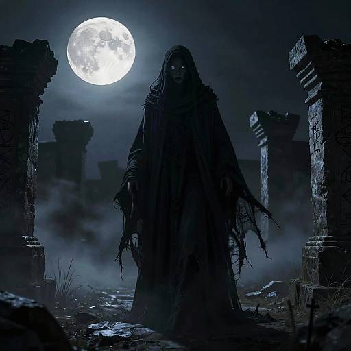 Mysterious, shadowy figure in tattered cloak standing under full moon, ruins surrounding, eerie blue and black night scene, misty atmosphere.