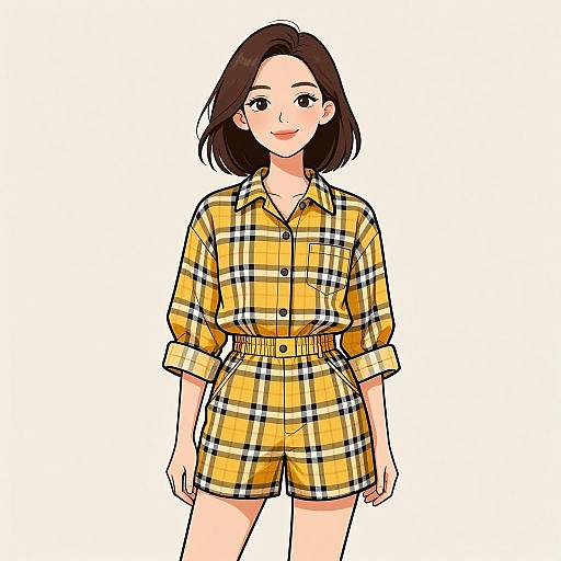Smiling Woman in Chic Plaid Outfit
