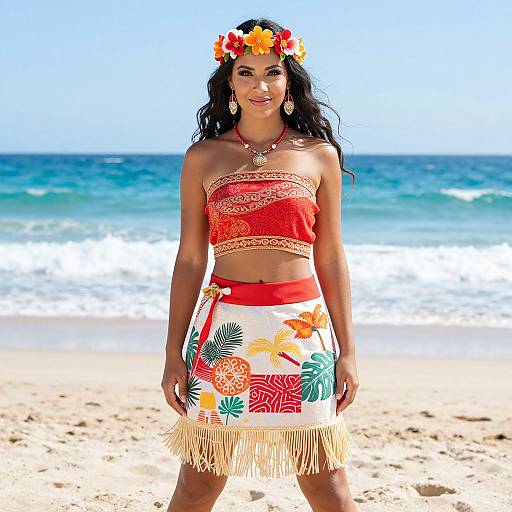 Photograph of a woman with long black hair, wearing a red floral bandeau top, white skirt with colorful hibiscus prints, and a