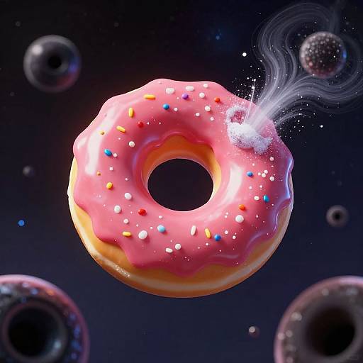 Digital artwork of a glowing pink-glazed donut with colorful sprinkles, surrounded by floating donuts in space, with a burst of white smoke from