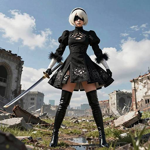 Photorealistic 2B in Ruined Cityscape