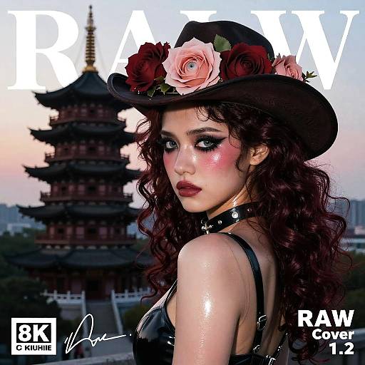 Digital art of a curly-haired woman with pink roses in her black hat, wearing a leather top, against a sunset Chinese pagoda. Bold 