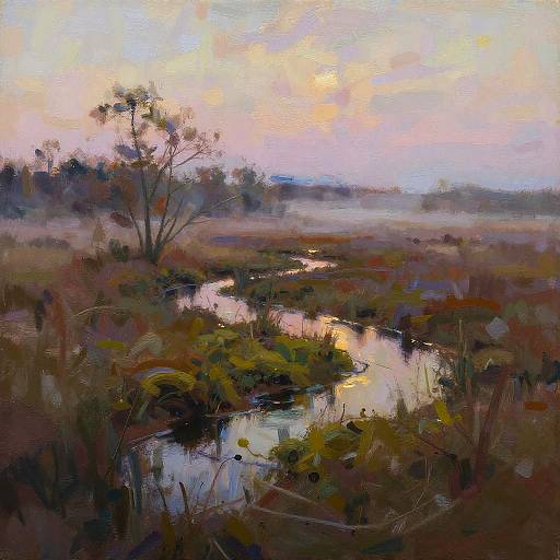 Impressionistic Marshy Wetlands at Dusk