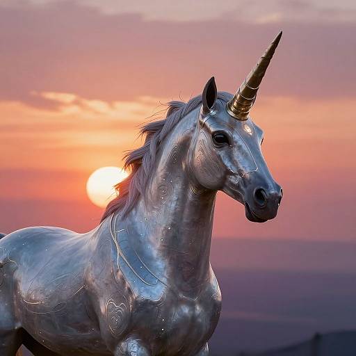 Photograph of a metallic, silver unicorn with a gold horn, adorned with heart patterns, set against a vibrant sunset sky.